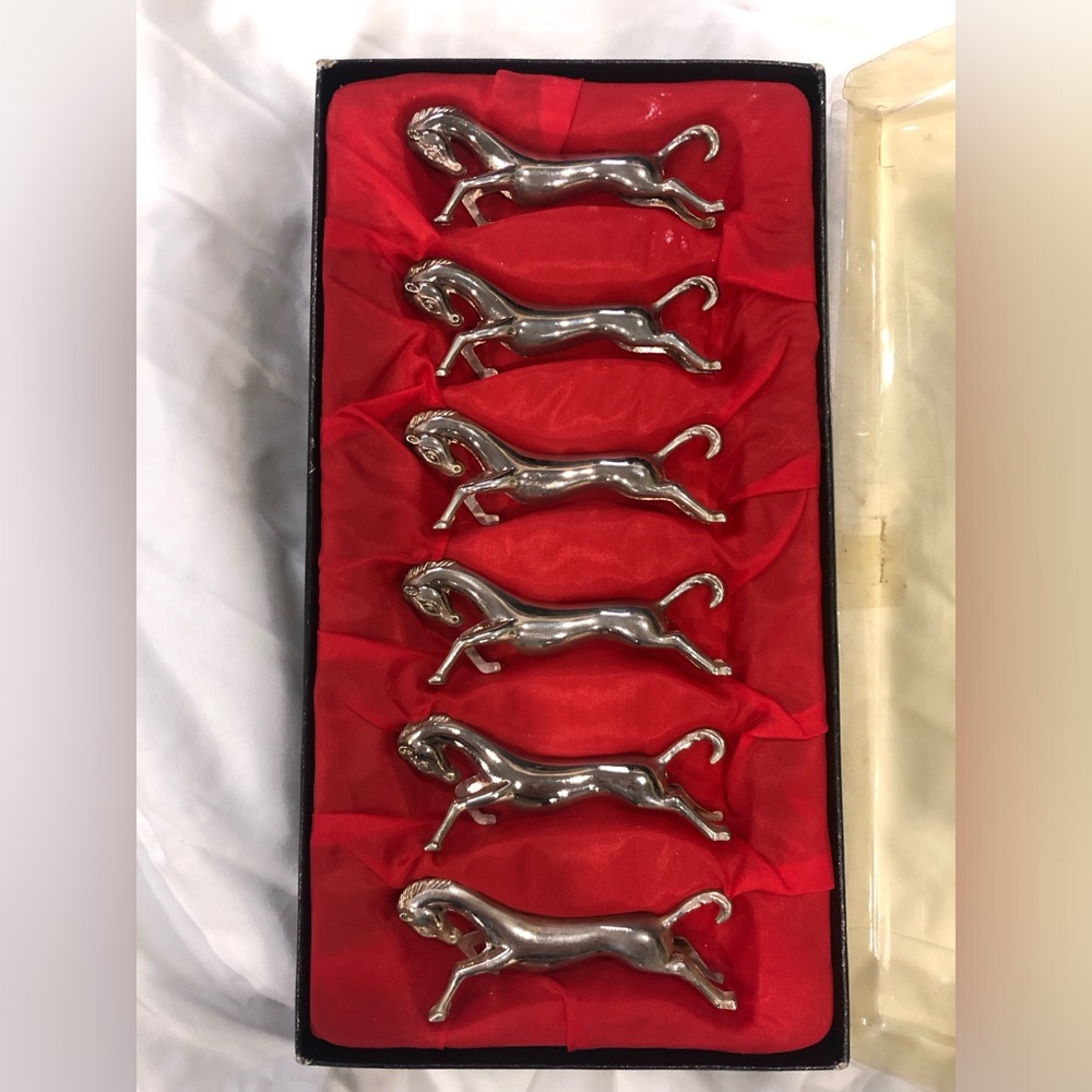 Set of 6 Vintage Knife Rests Silver Plated in The Shape of Running Horses 1950s